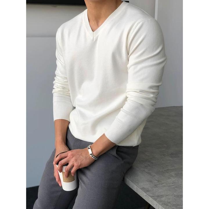 秋冬v领白色针织衫男士韩式修身商务休闲内衫慵懒式加厚底衫