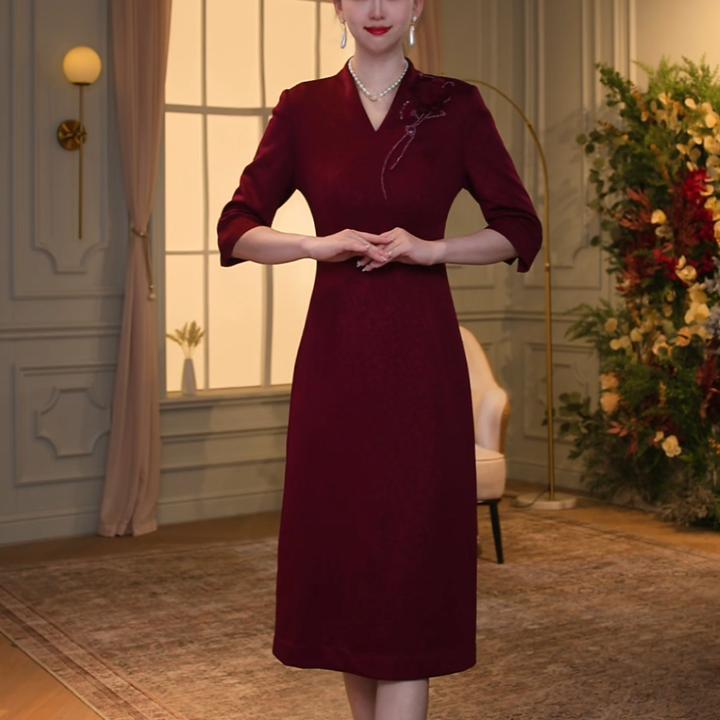 【香妮芬】83518进口金丝提花醋酸优雅高档V领连衣裙显瘦贵气