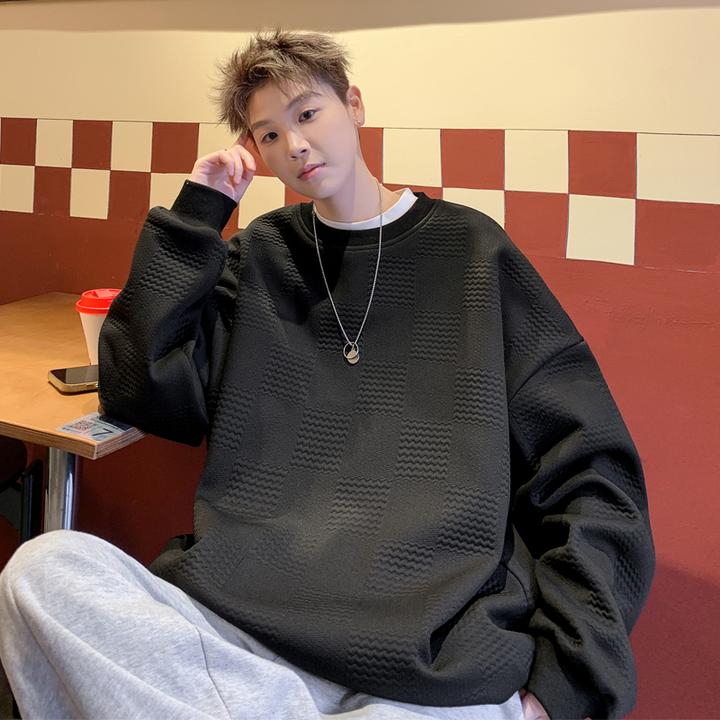 2025春新款男打底衫大码肌理感圆领卫衣潮牌长袖韩版时尚休闲套头