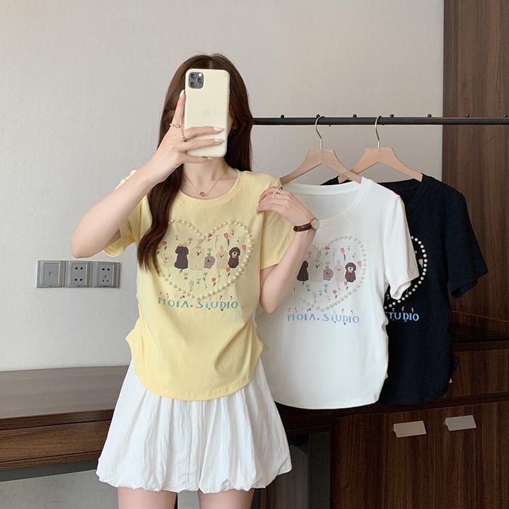 夏装新款胖mm大码女盐系小众重工钉珠卡通小狗短袖T恤