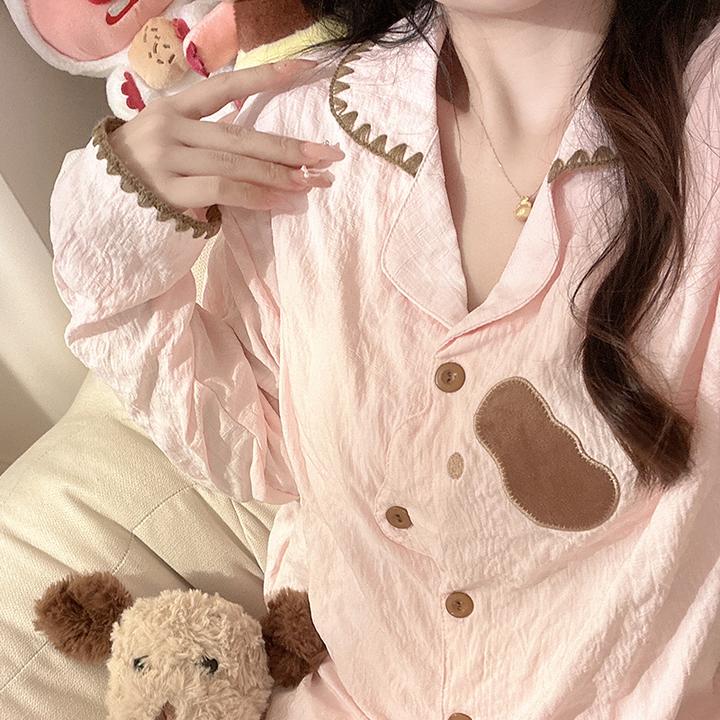日系可爱泡泡粉色小狗ins睡衣女春秋季带胸垫长袖长裤家居服套装