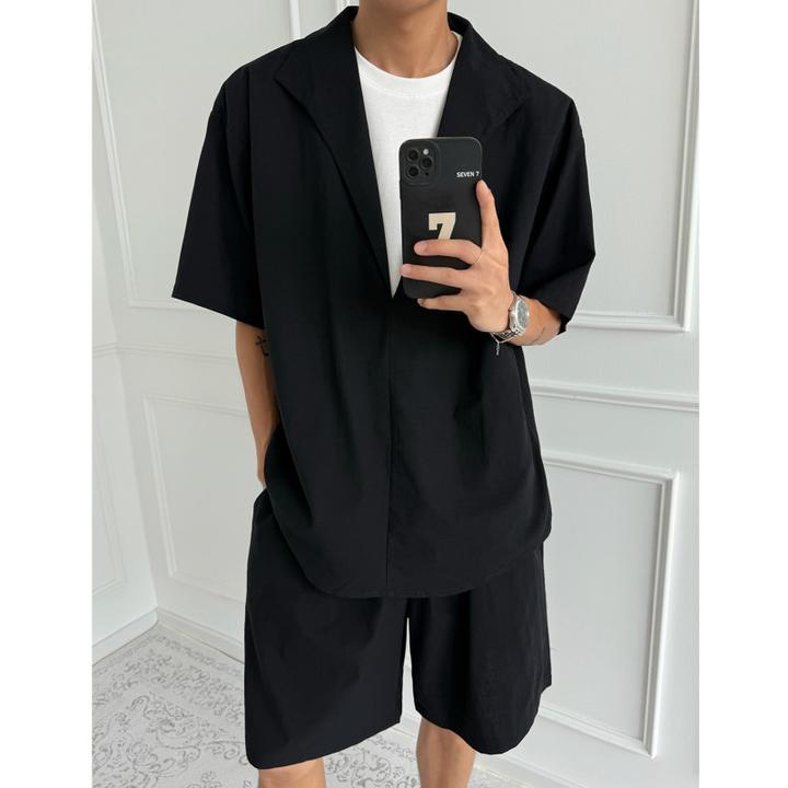 （两件套）夏季男士假两件套装韩版亚麻老钱风短裤轻熟夏装帅气潮