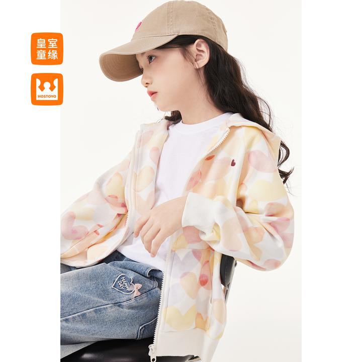 皇室童缘女童开衫外套春秋季新款儿童满印爱心连帽17780112002