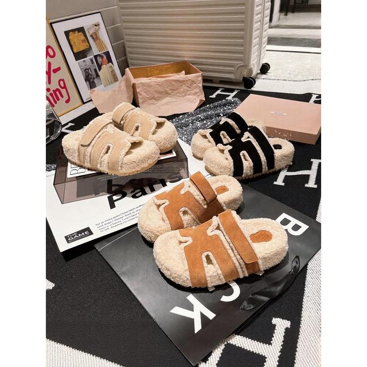【高奢&达人款】2025秋季新款磨砂情侣厚底增高毛毛拖鞋女时尚百
