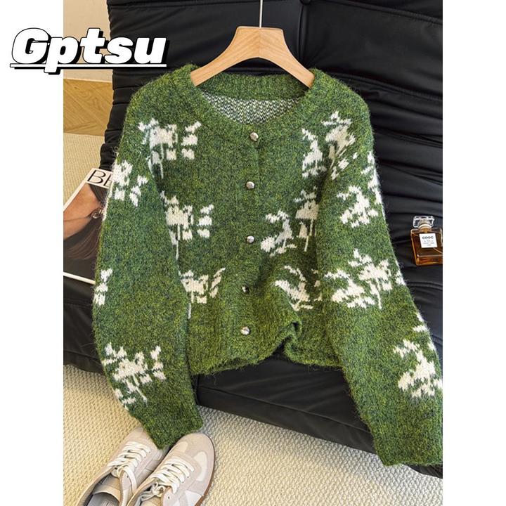 GPTSu绿色宽松慵懒雪花毛衣外套女秋冬2025新款针织开衫外穿上衣