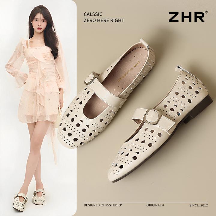 ZHR则则镂空透气女式玛丽珍单鞋夏季真皮凉鞋一脚蹬休闲女鞋低跟