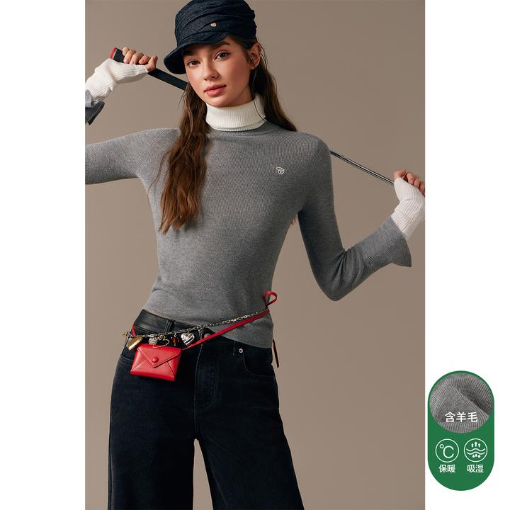 CHUU冬季女装字母刺绣设计修身含羊毛长袖百搭韩系辣妹针织衫