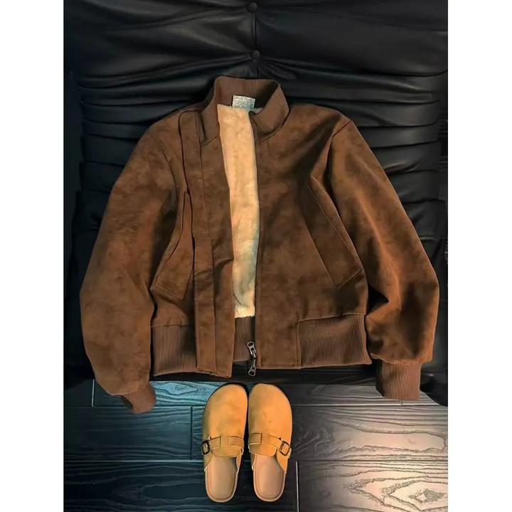 扎染美式复古加绒cleanfit痞帅立领皮棉服夹克冬季短款外套男女