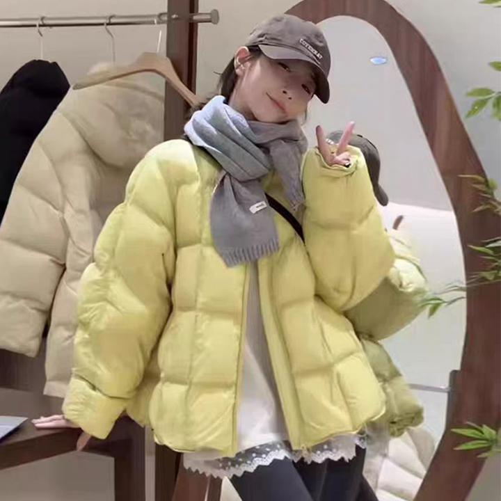 2025冬季新款方格圆领棉服女宽松保暖面包服纯色外套上衣T当-*5