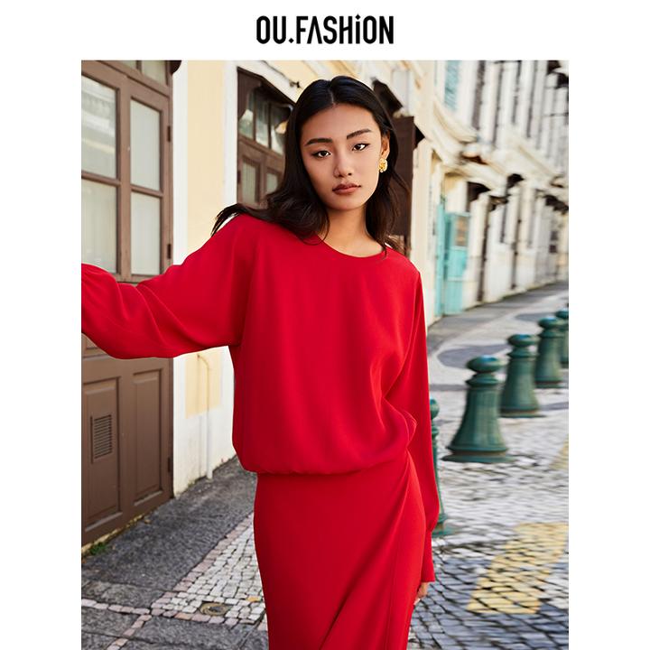 OU.FASHION/欧点优雅气质衬衫女圆领露背长袖上衣1032410301