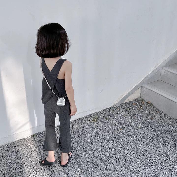 女童套装夏装后背交叉设计感背心上衣薄款喇叭裤防蚊裤九分裤洋气