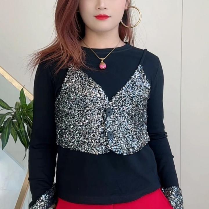 洋气假两件打底衫女2025春秋新款重工亮片设计感长袖气质显瘦上衣