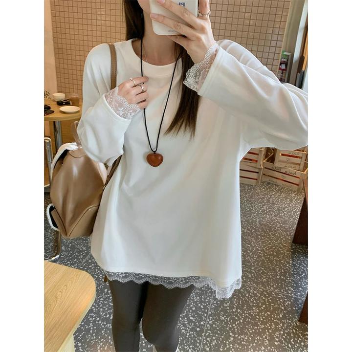 春季新款蕾丝打底长袖气质网红时尚百搭镂空宽松洋气韩版纯色上衣