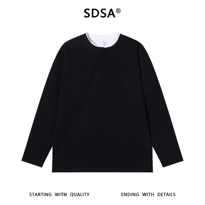 SDSA男士秋冬新款痞帅男装韩版撞色假两件长袖T恤半纽扣设计宽松