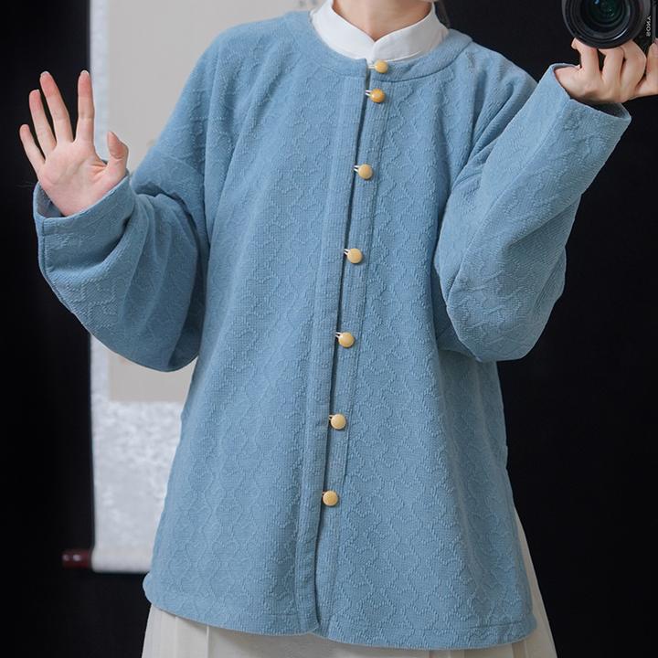 鹿鸣溪原创汉服明制圆领衫棉绒圆领袄汉元素新中式弓袋袖对襟上衣