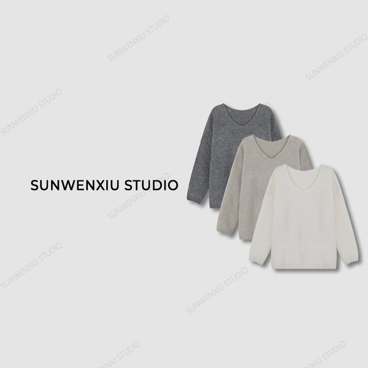 swx studio5店 “韩女氛围”羊毛混纺软糯圈圈绒大V领氛围感毛衣
