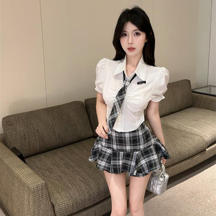 甜美纯欲学院风jk制服套装女夏百搭短袖衬衫高腰格子半身裙两件套