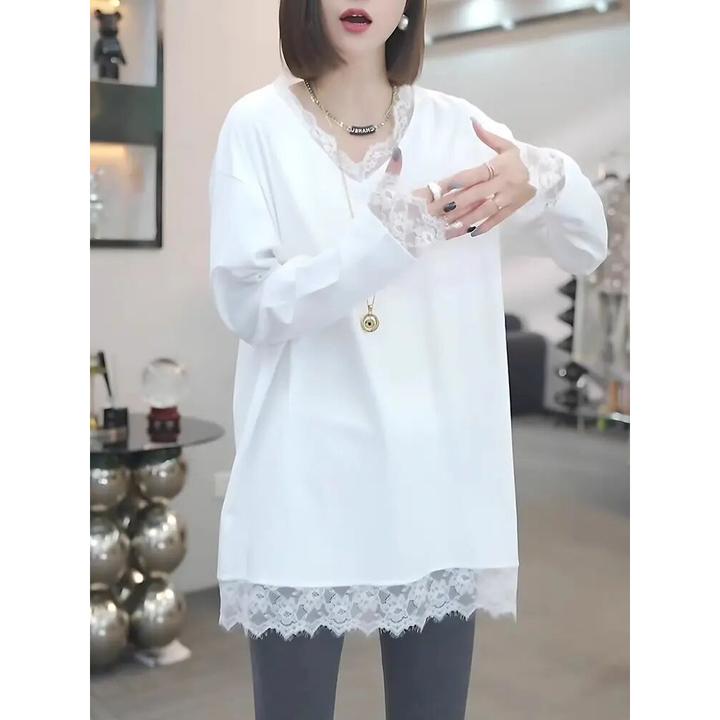 蕾丝花边拼接V领长袖打底衫T恤女2025春季新款宽松慵懒休闲上衣潮