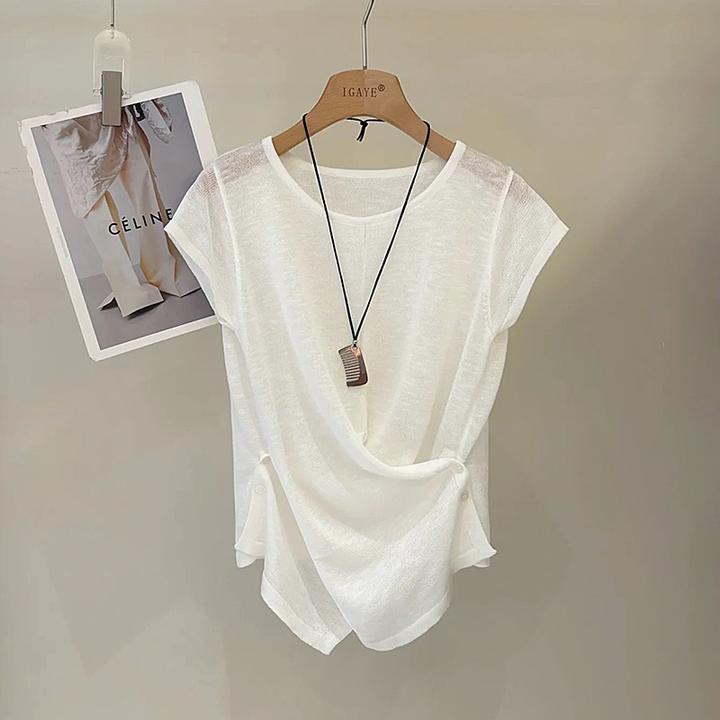 卡莲格/不规则开叉雪花棉T恤女夏季薄款微胖mm修身显瘦设计感上衣