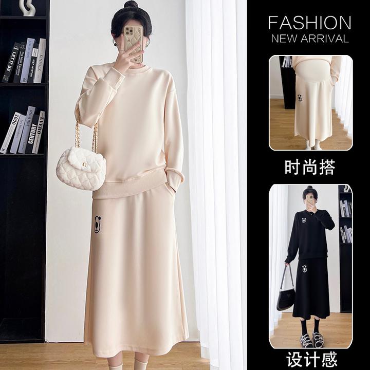 孕妇套装2025春秋新款圆领套头宽松慵懒风卫衣外套+半身裙两件套