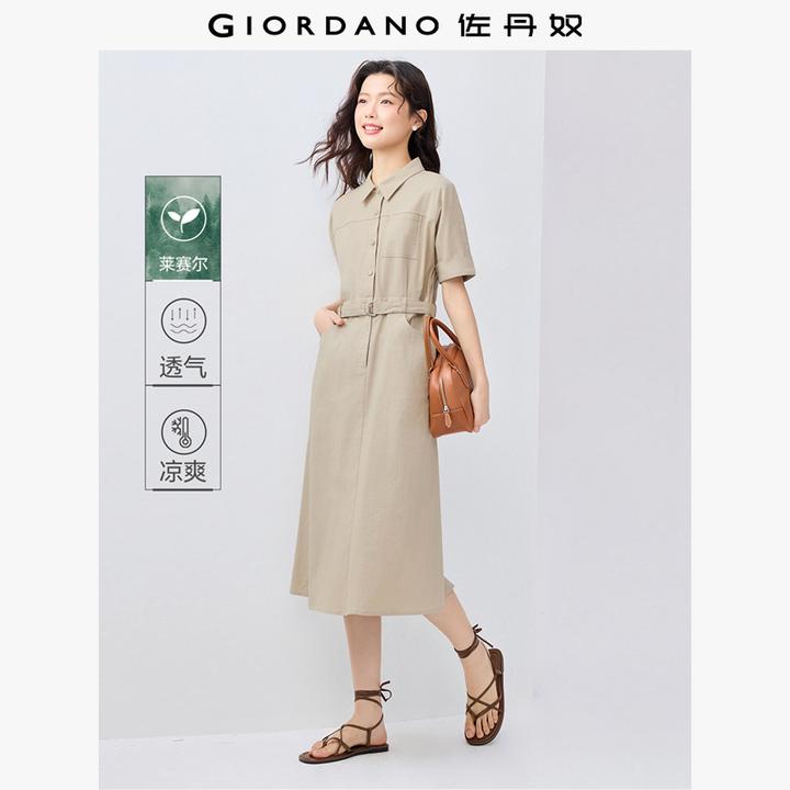 佐丹奴莱赛尔清凉透气连衣裙女夏配腰带翻领连袖连衣裙13465320