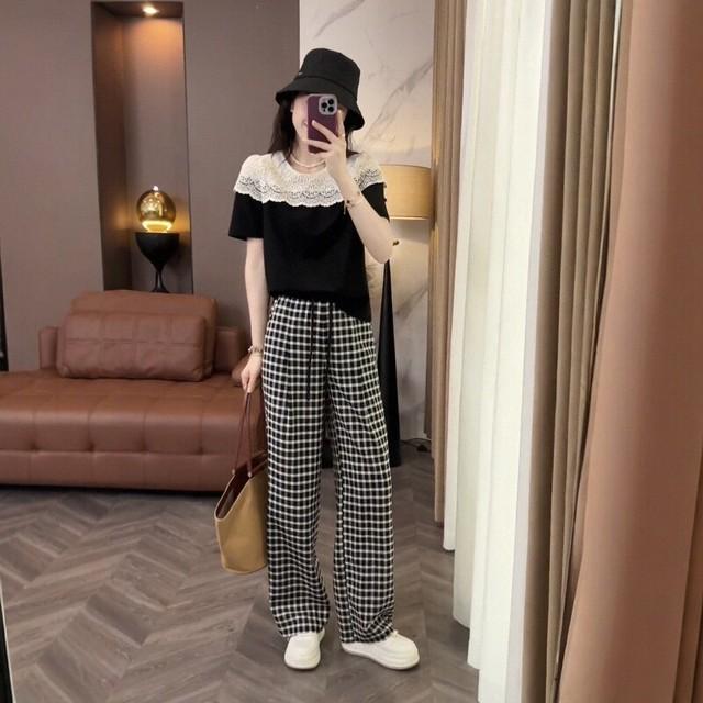 2025夏季新款韩版气质拼接蕾丝T恤上衣女搭高腰格子休闲裤两件套
