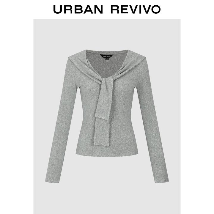 UR2025秋季新款女装都市设计感系带V领修身T恤UWU450038