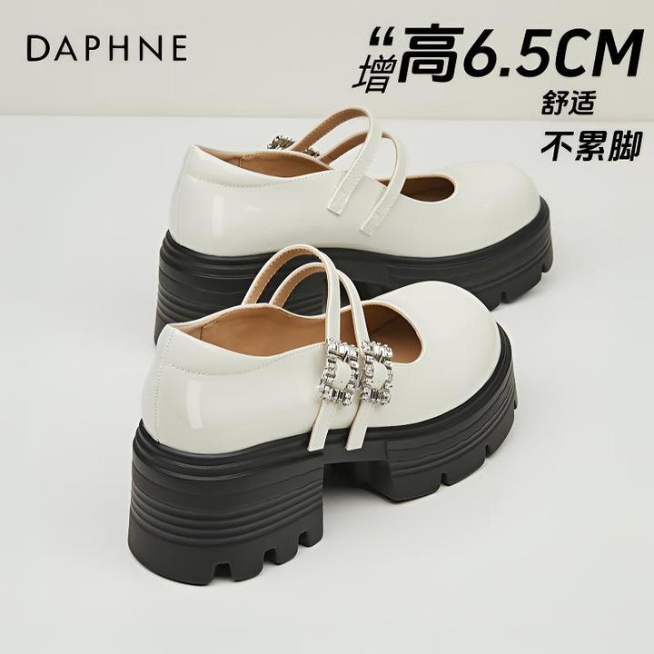 达芙妮圆头厚底玛丽珍鞋女2025春夏新款松糕底高跟小皮鞋白色单鞋