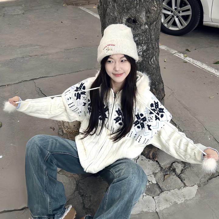 2025复古费尔岛麻花针织衫外套女秋冬季新款宽松慵懒风连帽女开衫