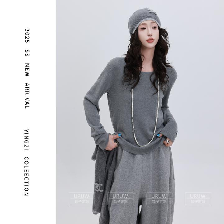 颖子定制【白茶甜心】休闲宽松纯色圆领针织上衣简约通勤上衣 9959