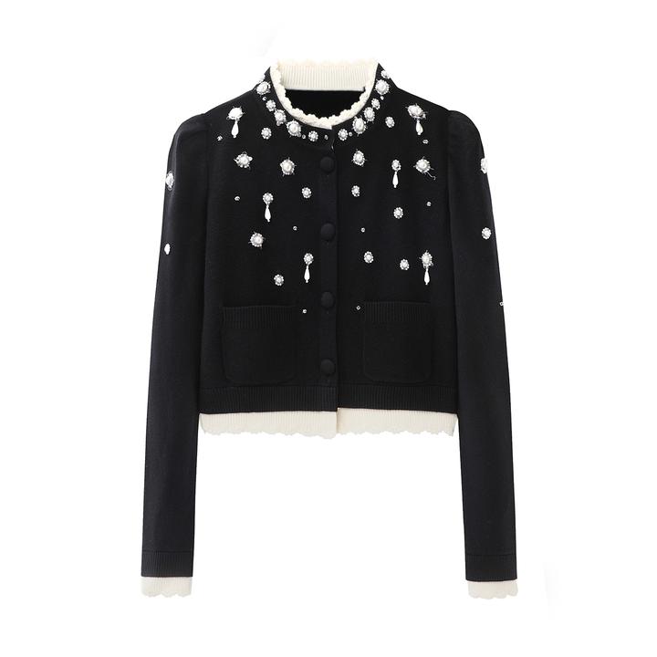 2025冬现货冬新款法式假两件珠饰刺绣针织开衫小香风气质长袖时尚