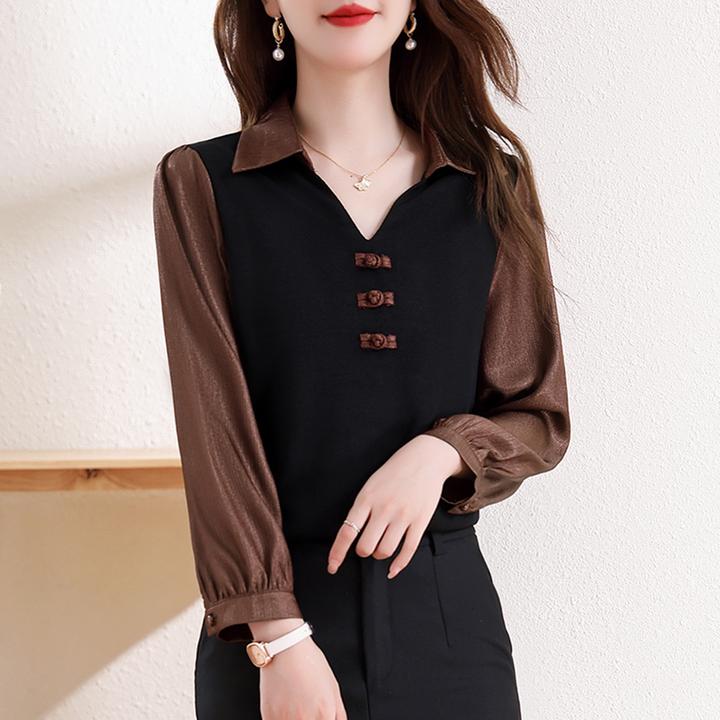 新中式盘扣缎面衬衫女春季新款妈妈装假两件气质小衫宽松遮肚上衣