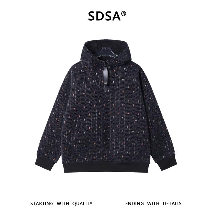 SDSA男士秋冬新款痞帅男装简约波浪线刺绣半拉链立领连帽卫衣百搭