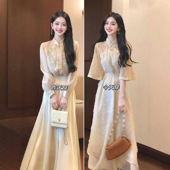 高端新中式国风提花连衣裙女夏季大码胖mm独特气质收腰旗袍长裙子