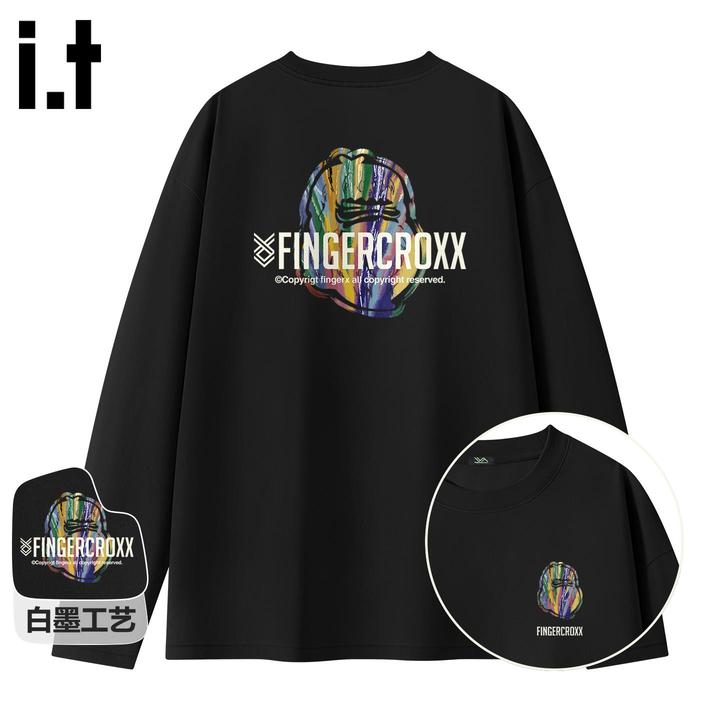 it FINGERCROXX长袖t恤男秋季美式设计感黑色打底衫纯棉圆领上衣
