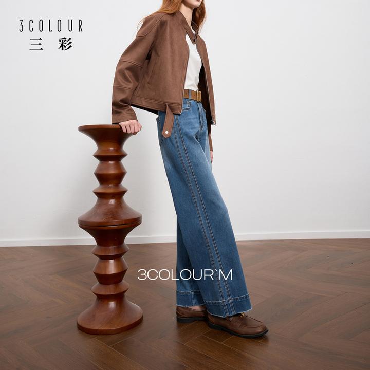 三彩2025秋冬新款牛仔裤高腰休闲长裤直筒阔腿裤明线九分复古女M