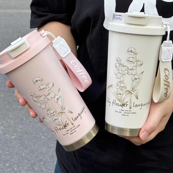 新款铃兰保温杯316不锈钢咖啡杯女生大容量高颜值吸管水杯礼品杯