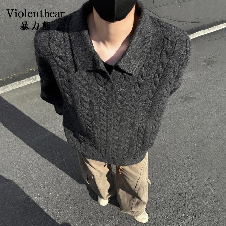暴力熊秋冬老钱风polo领麻花纹针织衫男韩版宽松百搭套头毛衣男