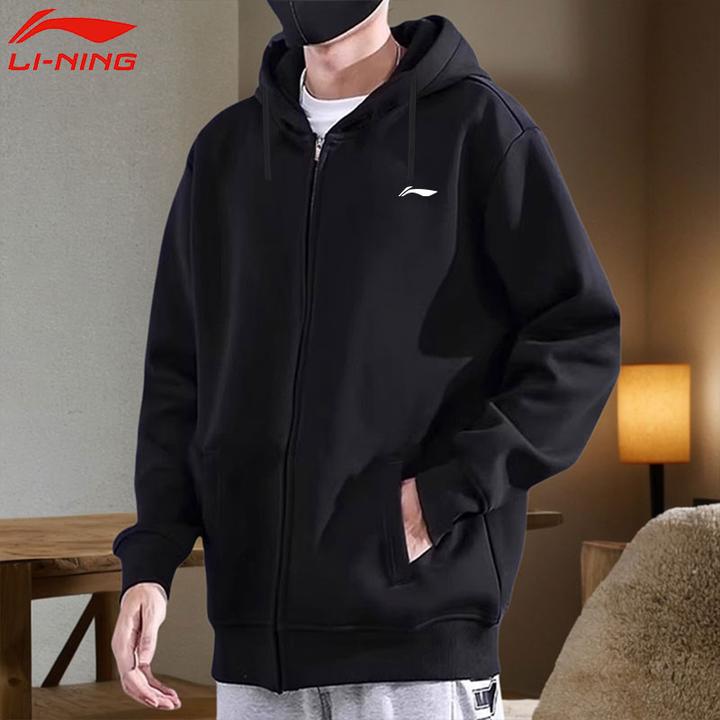 李宁休闲运动外套男秋冬季新款透气保暖上衣宽松开衫棉质连帽卫衣
