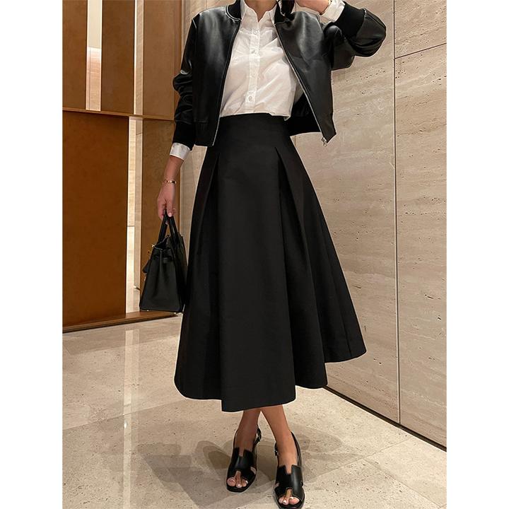 赫本风伞裙小个子女春秋新款高腰显大摆半身裙中长款通勤a字裙子