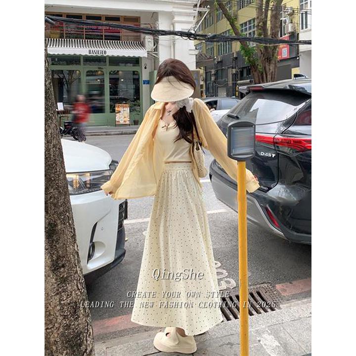 韩系杏黄色长袖衬衫吊带背心波点半身裙三件套女夏季2025新款套装