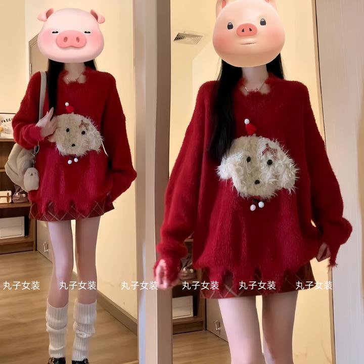 冬季穿搭一整套女装红色软糯小狗拼接套头毛衣加厚宽松上衣半身裙