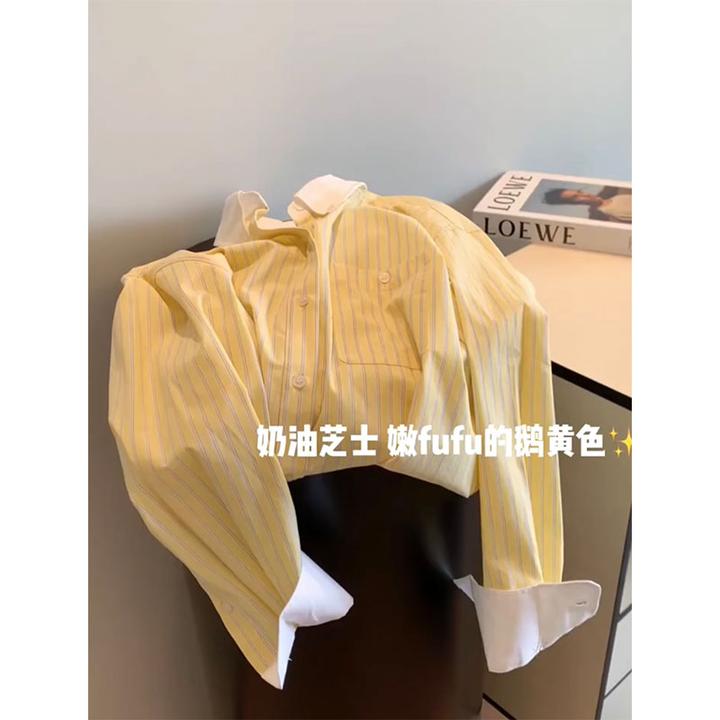 早春新款休闲百搭时尚设计感拼色长袖衬衫上衣条纹纽扣个性衬衣女