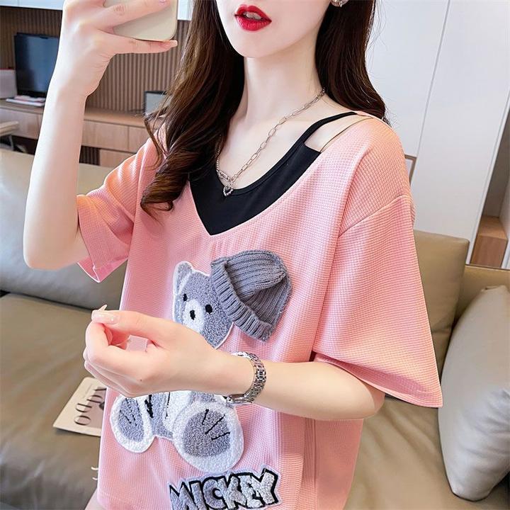 大码女装v领拼接短袖T恤女夏季2025新款宽松设计感小众假两件上衣