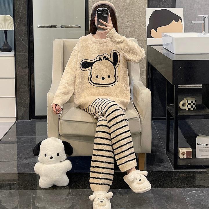 软绵绵睡衣女秋冬季加厚保暖珊瑚绒条纹甜美小狗半边绒家居服套装