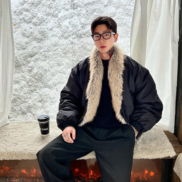 OXFREAK「bomber座山雕」內襟毛领假两件棉服男冬季加厚飞行外套