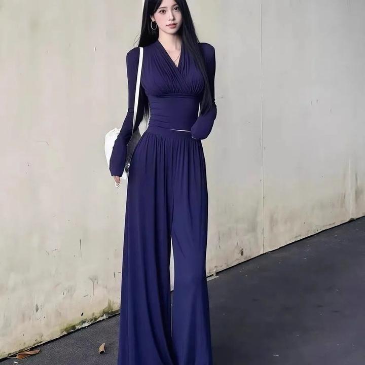 2025秋季新款辣妹风微弹韩系紧身V领御姐风长袖上衣+裤子女