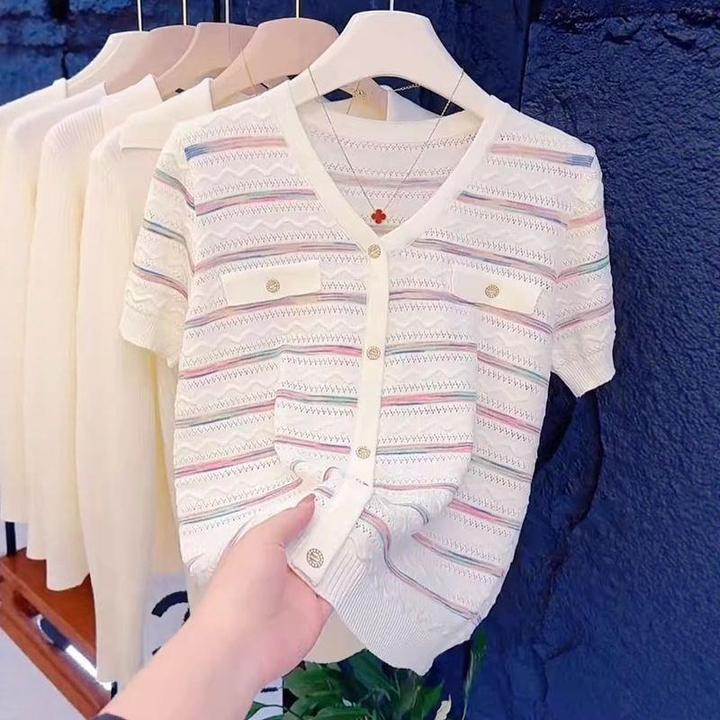 新款夏季彩虹渐层色法式小香风条纹冰丝针织女士短袖薄款上衣