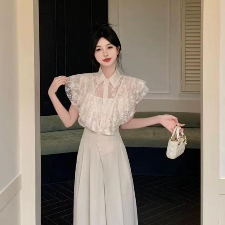 夏季时尚飞飞袖透视花边蕾丝衫女气质薄纱上衣2025炸街潮款套装女