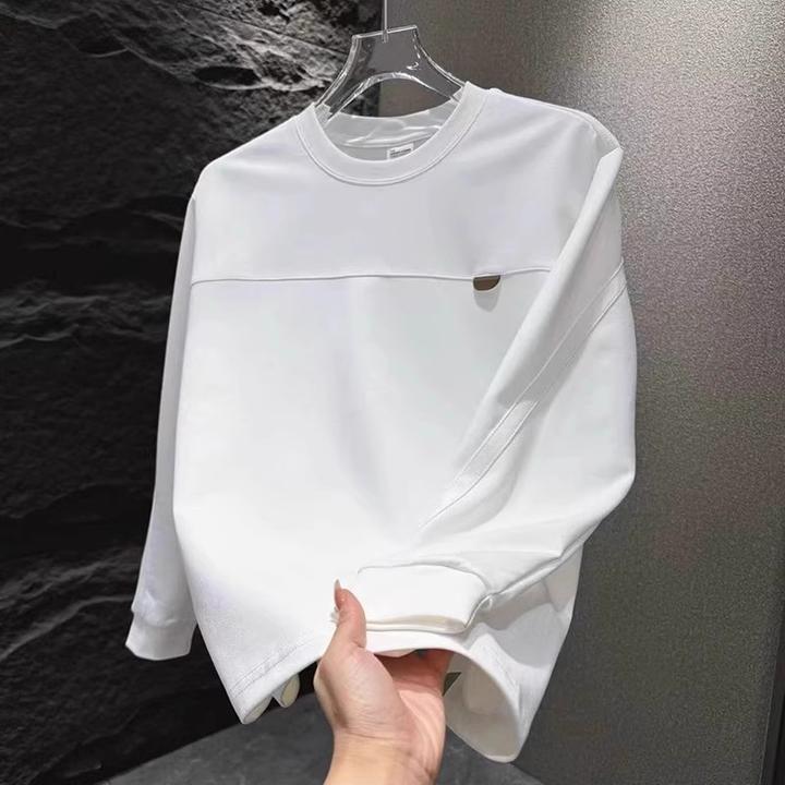 2025简约风男士春季新款纯色卫衣拼接设计潮牌长袖圆领百搭体恤衫